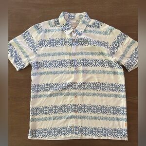 Quiksilver Waterman Hawaiian Shirt Men’s L Tapa Mood Blue White Stripe Woven